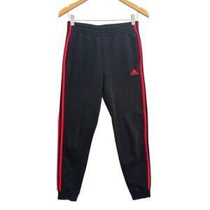 Adidas Youth Boys Joggers Black Red Triple Stripe Fleece Sweatpants Size L 14/16